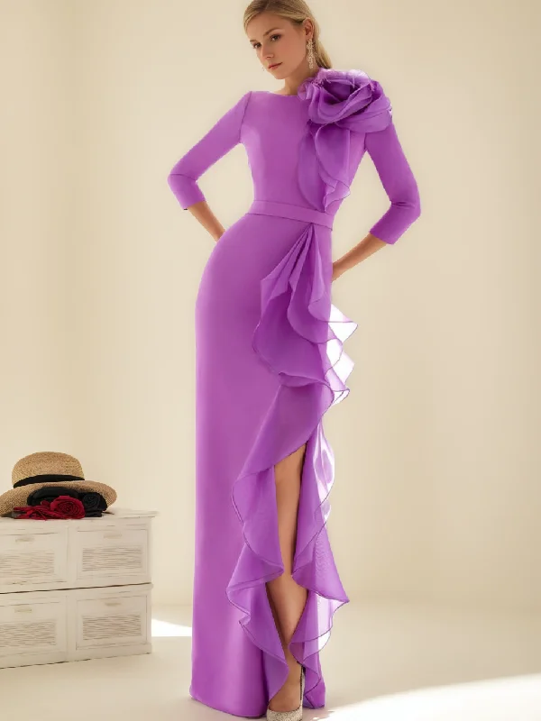 Sheath/Column Jewel Neck 3/4 Length Sleeves Floor-Length Long Mother of the Bride dresses with Ruffles Tunics Exclusive limited Sheath/Column Jewel Neck 3/4 Length Sleeves Floor-Length Long Mother of the Bride dresses with Ruffles Tunics Exclusive limited