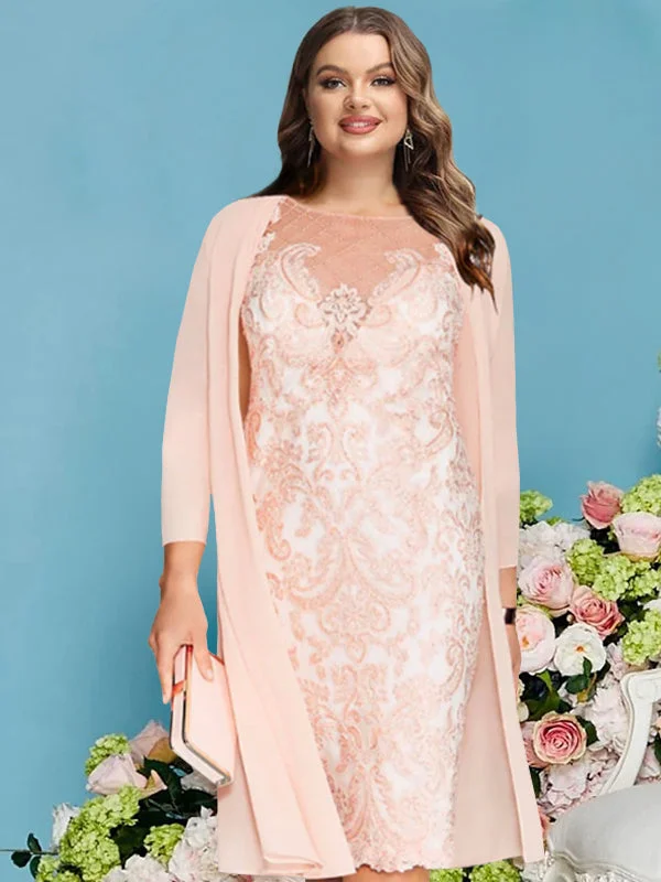Sheath/Column Scoop Long Sleeves Knee-Length  Plus Size Mother of the Bride Dresses with Lace Beading Appliques Tunics Sophisticated sleek