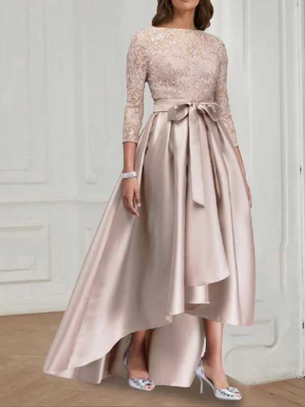 A Line/Princess Jewel Neck 3/4 Length Sleeves Asymmetrical Plus Size Mother of the Bride Dresses with Bowknot Tunics Bestseller popular A Line/Princess Jewel Neck 3/4 Length Sleeves Asymmetrical Plus Size Mother of the Bride Dresses with Bowknot Tunics Bestseller popular