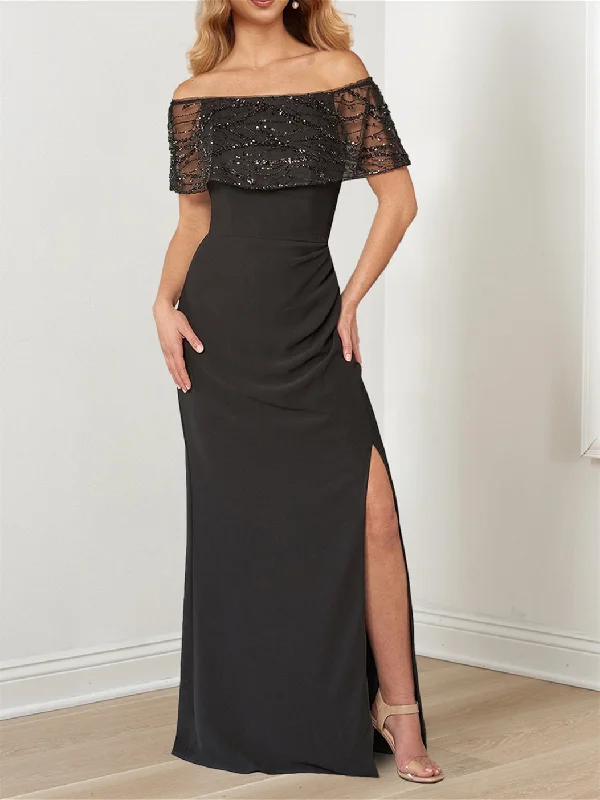 A-Line/Princess Sparkly Portrait Neckline Floor-Length Mother of the Bride Dresses Tunics Modern contemporary A-Line/Princess Sparkly Portrait Neckline Floor-Length Mother of the Bride Dresses Tunics Modern contemporary