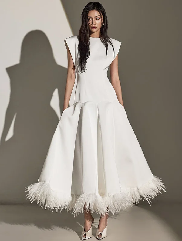D9516 Feather Dress Off-the-shoulder Chic Trendy