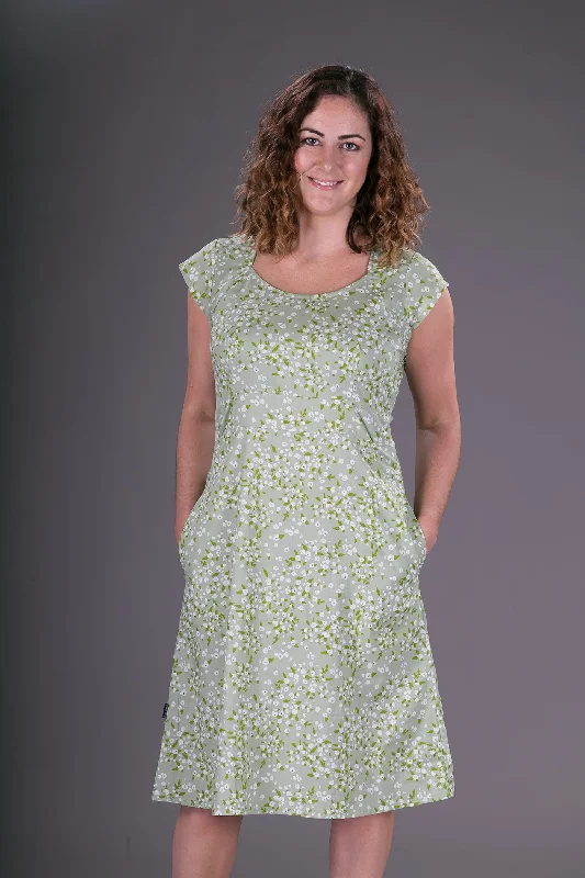 Summer Cotton Dress Green Floral Print Tunics Versatile all-occasion