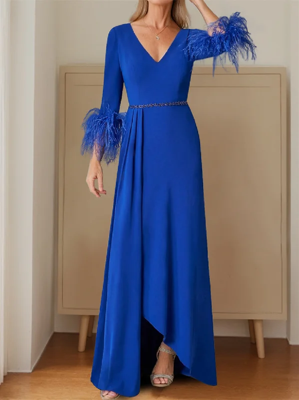 A-Line/Princess Plunging Neck 3/4 Length Sleeve Floor-Length Pleats Feather Mother Of The Bride Dresses Tunics Print Colorful A-Line/Princess Plunging Neck 3/4 Length Sleeve Floor-Length Pleats Feather Mother Of The Bride Dresses Tunics Print Colorful