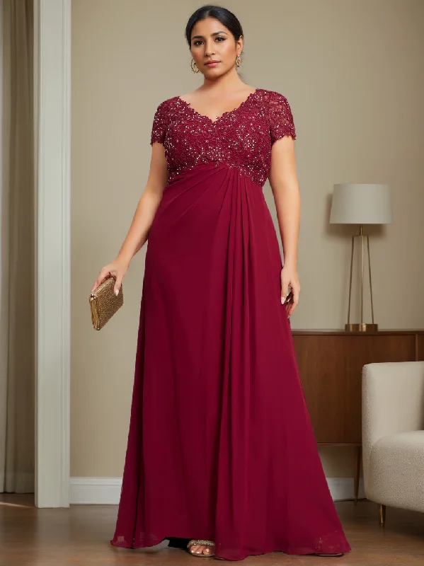 A-Line/Princess V-Neck Short Sleeves Floor-Length Plus Size Unique Mother Of The Bride Dresses with Rhinestone, Pleated Tunics Practical easy-care A-Line/Princess V-Neck Short Sleeves Floor-Length Plus Size Unique Mother Of The Bride Dresses with Rhinestone, Pleated Tunics Practical easy-care