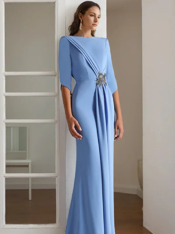 Sheath/Column Scoop 1/2 Length Sleeves Floor-Length Mother of the Bride & Groom Dresses with Rhinestone Crew Neckline Sporty Sheath/Column Scoop 1/2 Length Sleeves Floor-Length Mother of the Bride & Groom Dresses with Rhinestone Crew Neckline Sporty
