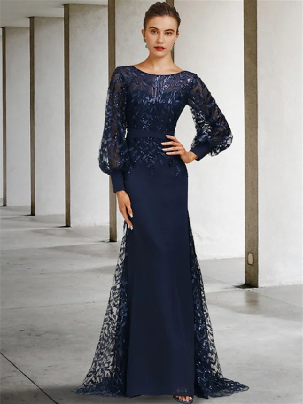 Mermaid/Trumpet Scoop Neck Long Sleeves Floor-Length Mother of the Bride Dresses with Sequins Tunics Modern contemporary Mermaid/Trumpet Scoop Neck Long Sleeves Floor-Length Mother of the Bride Dresses with Sequins Tunics Modern contemporary
