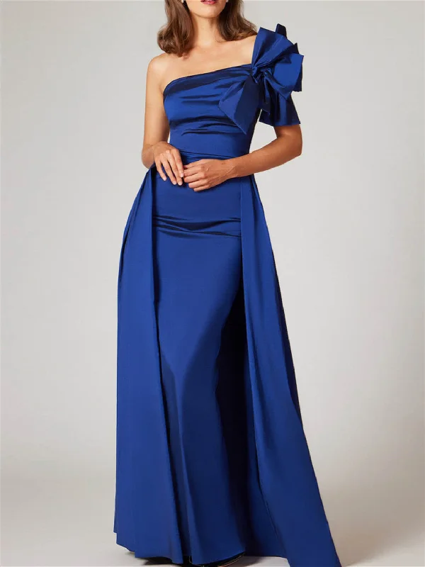 A-Line/Princess Floor-Length One-Shoulder Sleeveless Mother Of The Bride Dresses With Bow(s) Turtleneck Warm Winter A-Line/Princess Floor-Length One-Shoulder Sleeveless Mother Of The Bride Dresses With Bow(s) Turtleneck Warm Winter