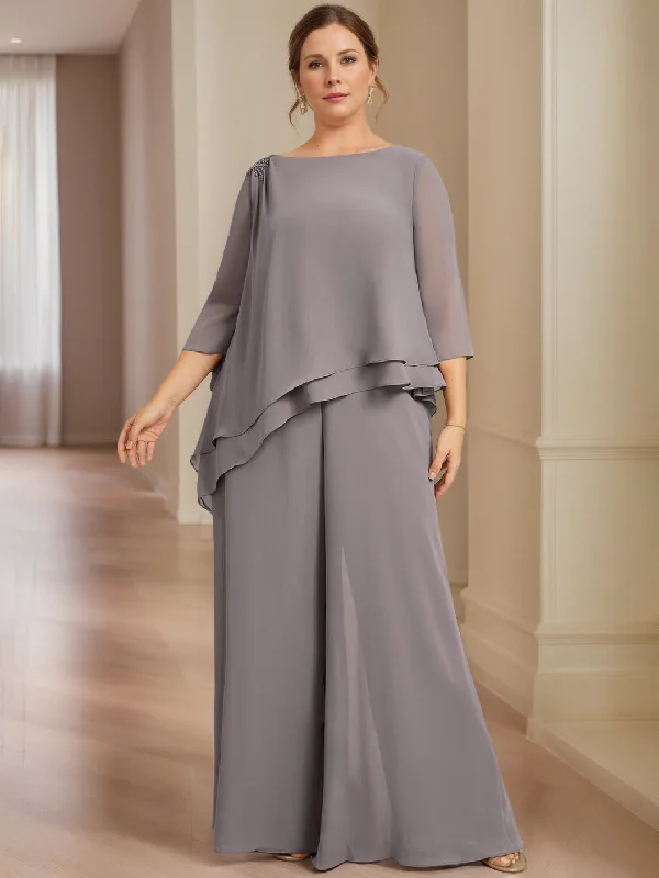 Chiffon 2 Pieces Scoop 3/4 Length Sleeves Floor-Length Plus Size Mother of the Bride Dresses with Beading Tunics Business professional Chiffon 2 Pieces Scoop 3/4 Length Sleeves Floor-Length Plus Size Mother of the Bride Dresses with Beading Tunics Business professional