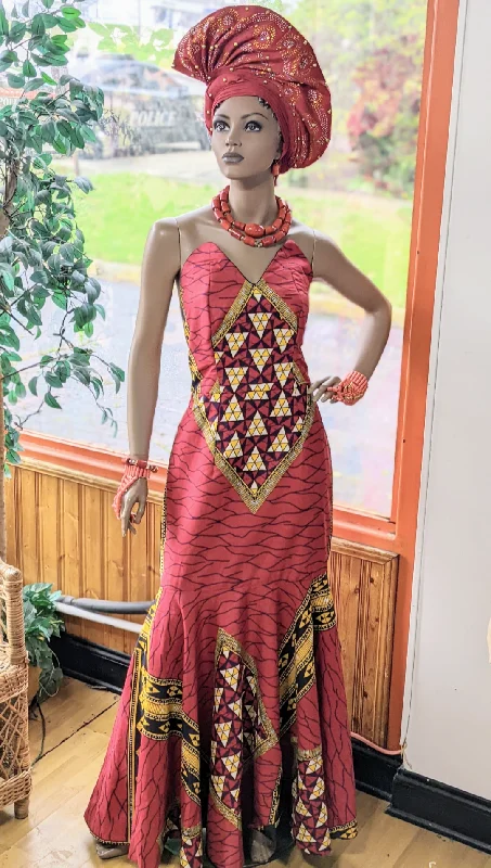 Sleeveless Red, Black, Off-White, and Gold African Diamond Print Ankara Corset Dress-DPX2687D Elegant Long Evening Sleeveless Red, Black, Off-White, and Gold African Diamond Print Ankara Corset Dress-DPX2687D Elegant Long Evening