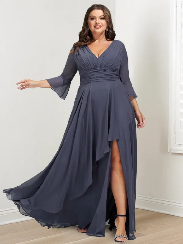 A-Line/Princess V-Neck 3/4 Length Sleeves Asymmetrical Plus Size Mother of the Bride Dresses with Ruffles Tunics Fashionable chic A-Line/Princess V-Neck 3/4 Length Sleeves Asymmetrical Plus Size Mother of the Bride Dresses with Ruffles Tunics Fashionable chic
