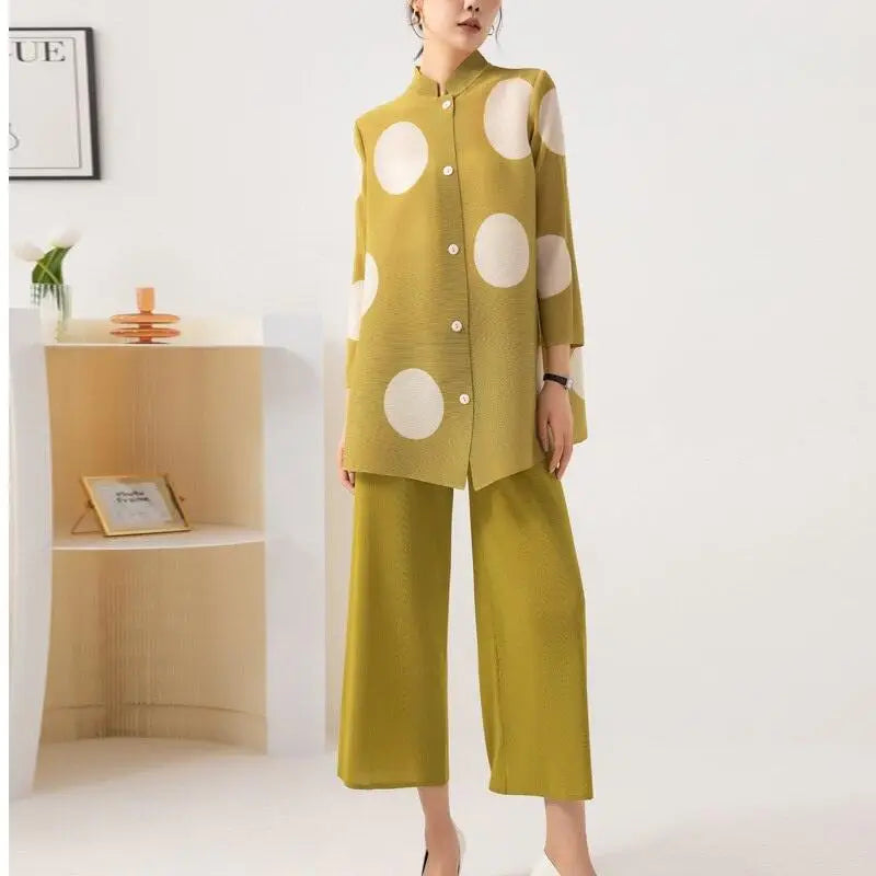 Printed single breasted pleated shirt top with wide-leg pants elegant-- Polka Dot Checkered Tartan Printed single breasted pleated shirt top with wide-leg pants elegant-- Polka Dot Checkered Tartan