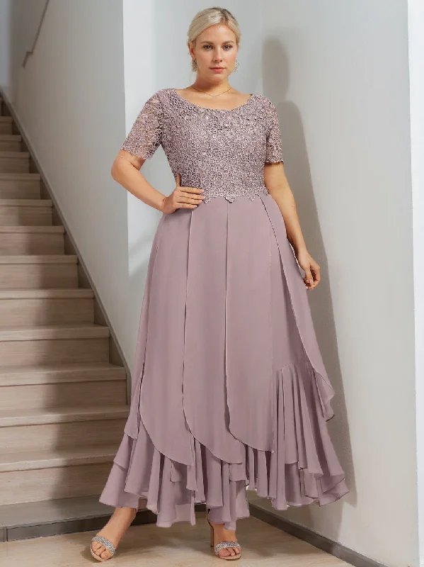 A-Line/Princess Round Neck Short Sleeves Ankle-Length Plus Size Mother of the Bride Dress with Cascading Ruffles Tunics Cozy soft A-Line/Princess Round Neck Short Sleeves Ankle-Length Plus Size Mother of the Bride Dress with Cascading Ruffles Tunics Cozy soft