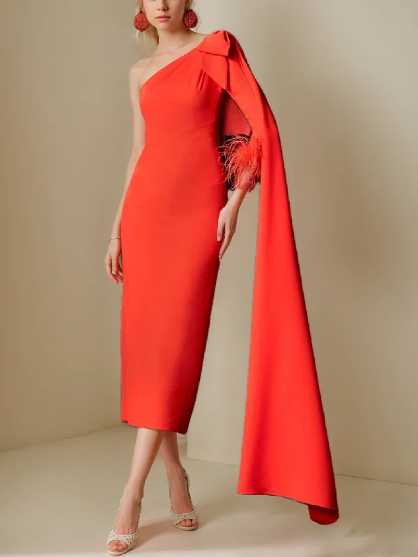 Sheath/Column One-Shoulder Tea-Length Unique Mother of the Bride Dresses with Watteau Train & Feather Tunics Versatile stylish Sheath/Column One-Shoulder Tea-Length Unique Mother of the Bride Dresses with Watteau Train & Feather Tunics Versatile stylish