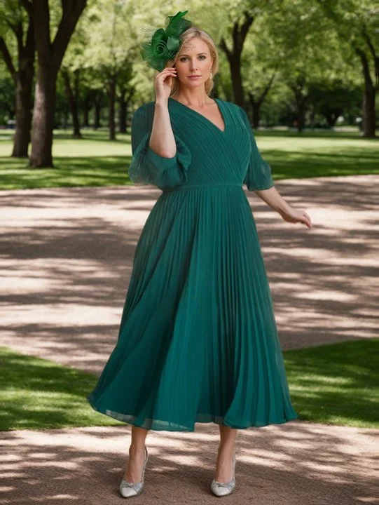 A-Line/Princess V-neck 3/4 Length Sleeves Tea-Length Plus Size Mother of the Bride Dresses with Pleated Tunics Silk luxurious A-Line/Princess V-neck 3/4 Length Sleeves Tea-Length Plus Size Mother of the Bride Dresses with Pleated Tunics Silk luxurious