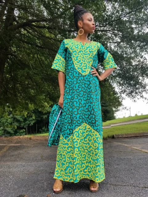 Dupsie's Exclusive Embroidered Green African Print Dress-DPX331 Tunics Floral girly