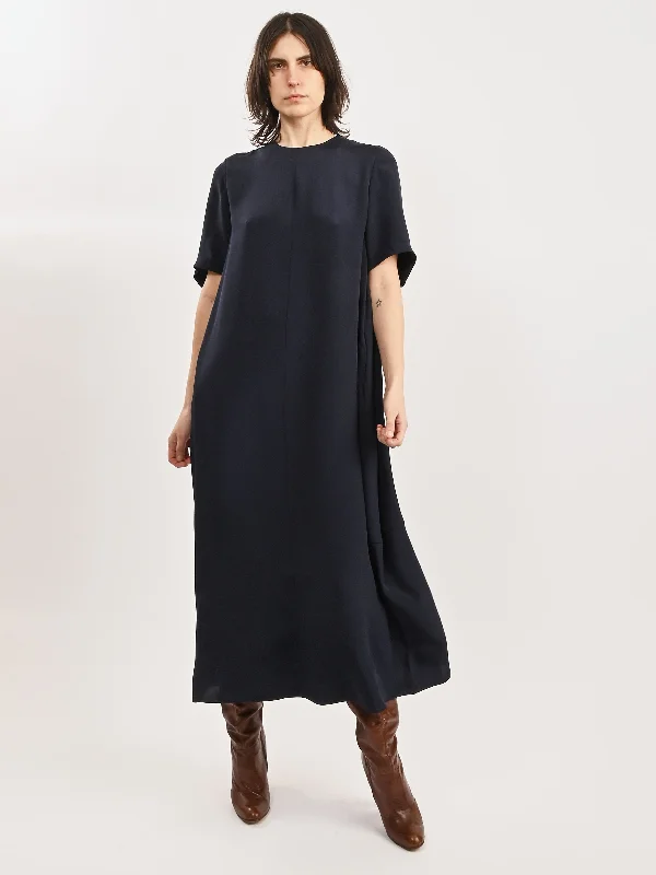 Dark Navy 4 Ply Silk T-Shirt Dress-- Welt Pockets Slit Pockets