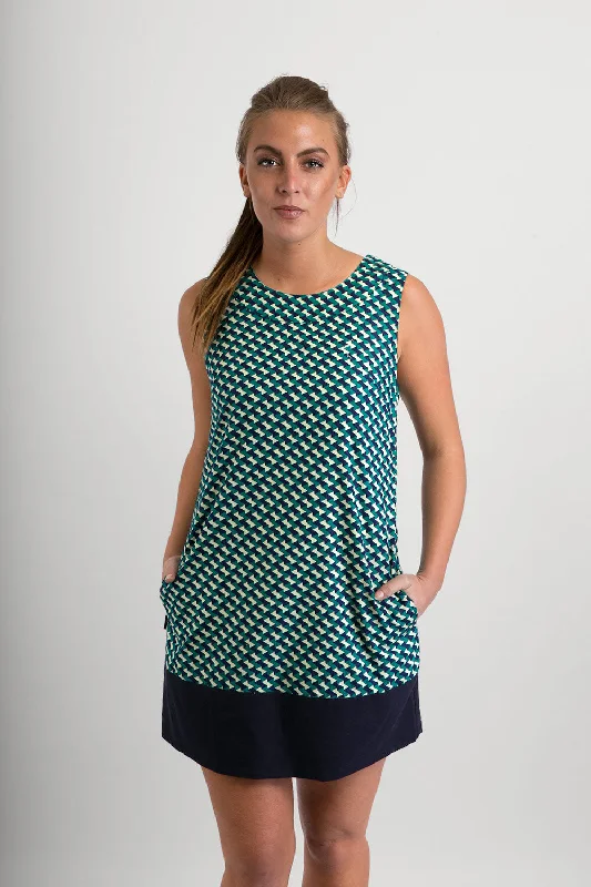 60s Style Cotton Dress Green Blue Print with Pockets Tunics Leisure comfortable