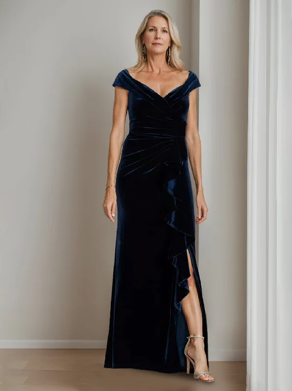 A-Line/Princess V-Neck Short Sleeves Floor-Length Velvet Mother of the Bride Dresses with Split Side Casual Short Summer A-Line/Princess V-Neck Short Sleeves Floor-Length Velvet Mother of the Bride Dresses with Split Side Casual Short Summer