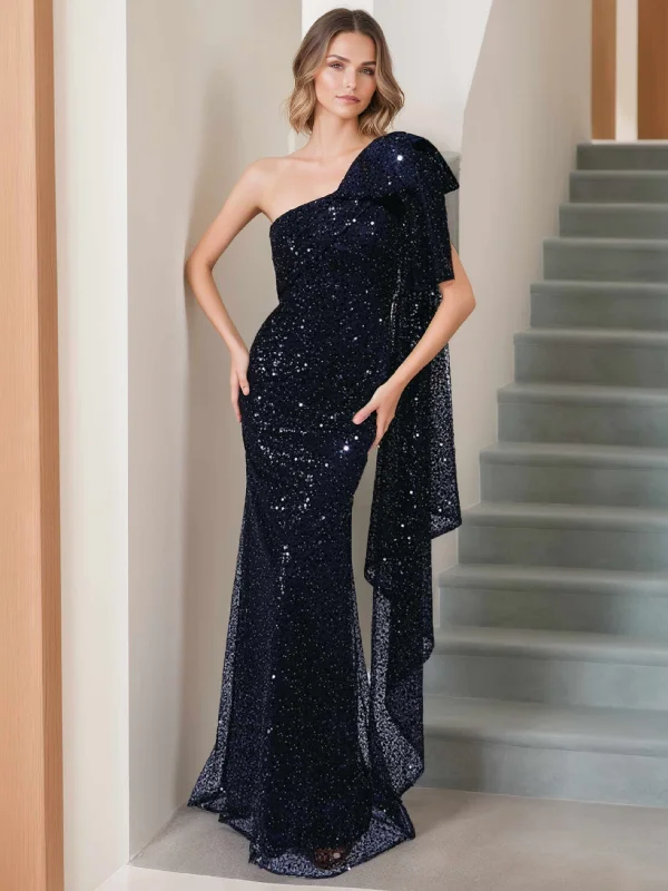 Mermaid/Trumpet One-Shoulder Sleeveless Floor-Length Long Mother of the Bride Dresses with Bow & Side Ruffle Tunics Exclusive limited Mermaid/Trumpet One-Shoulder Sleeveless Floor-Length Long Mother of the Bride Dresses with Bow & Side Ruffle Tunics Exclusive limited