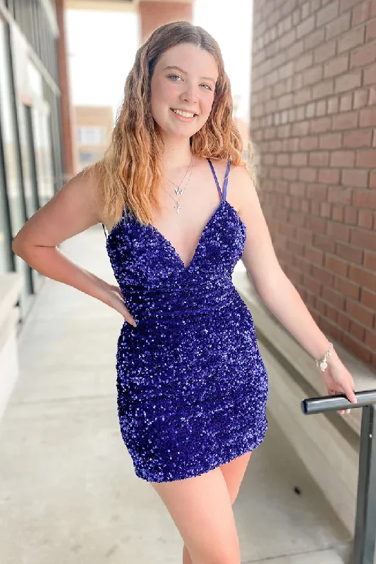 V-neck Royal Blue Spaghetti Straps Sleeveless Short Homecoming Dresses Tunics Stylish elegant