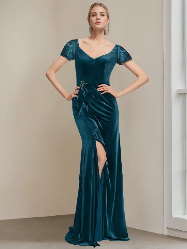 Trumpet/Mermaid V-Neck Short Sleeves Floor-Length Velvet Mother of the Bride Dresses with Ruffles & Appliques Tunics Long Elegant Trumpet/Mermaid V-Neck Short Sleeves Floor-Length Velvet Mother of the Bride Dresses with Ruffles & Appliques Tunics Long Elegant