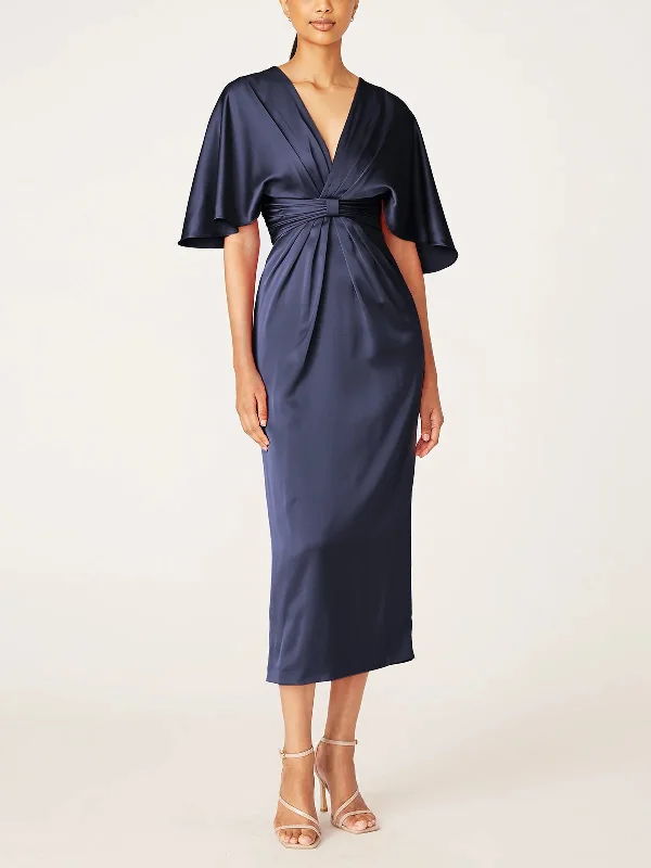 Sheath/Column V-Neck Half Sleeves Tea-Length Mother Of The Bride Dress with Ruffles Tunics Modern contemporary Sheath/Column V-Neck Half Sleeves Tea-Length Mother Of The Bride Dress with Ruffles Tunics Modern contemporary