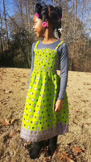 Green and Purple Dot African Print Spaghetti Dress Tunics Silk luxurious