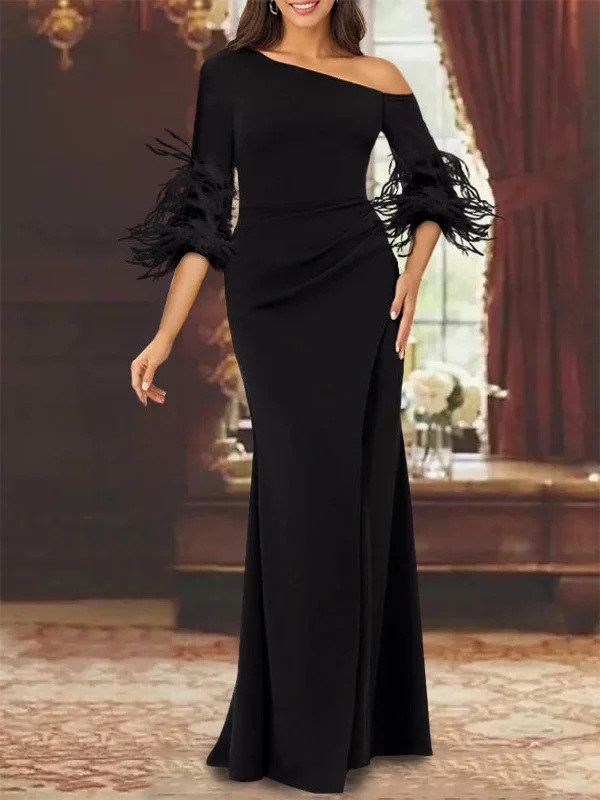 Trumpet/Mermaid Mother Of The Bride Feather Dresses with One Shoulder Long Sleeves Chiffon Tunics Chic elegant Trumpet/Mermaid Mother Of The Bride Feather Dresses with One Shoulder Long Sleeves Chiffon Tunics Chic elegant