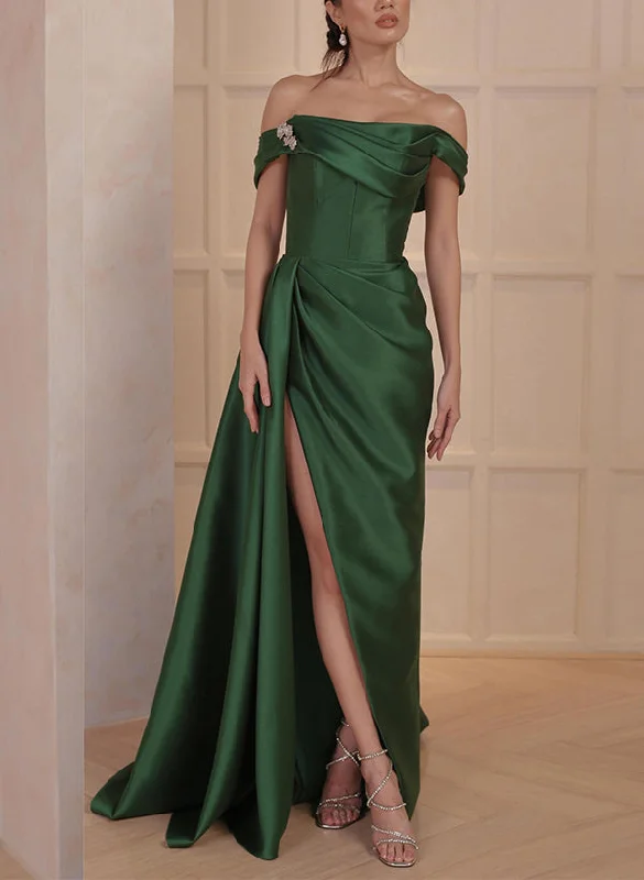 A-Line/Princess Off-the-Shoulder Satin Mother of the Bride Dresses with Split Side Shift Classic Vintage A-Line/Princess Off-the-Shoulder Satin Mother of the Bride Dresses with Split Side Shift Classic Vintage