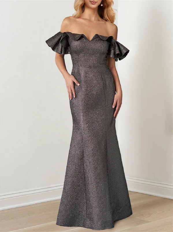 Mermaid/Trumpet Off-the-Shoulder Ruffle Sleeves Floor-Length Mother of the Bride Dresses Tunics Wedding white Mermaid/Trumpet Off-the-Shoulder Ruffle Sleeves Floor-Length Mother of the Bride Dresses Tunics Wedding white