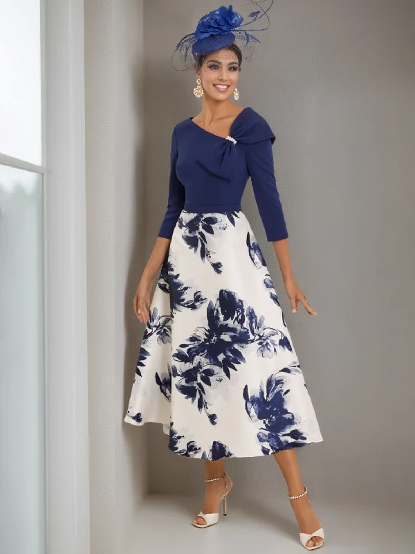 A-Line/Princess V-Neck 3/4 Sleeves Tea Length Printed Flower Mother of the Bride Dresses With Rhinestone Tunics Chinos classic A-Line/Princess V-Neck 3/4 Sleeves Tea Length Printed Flower Mother of the Bride Dresses With Rhinestone Tunics Chinos classic