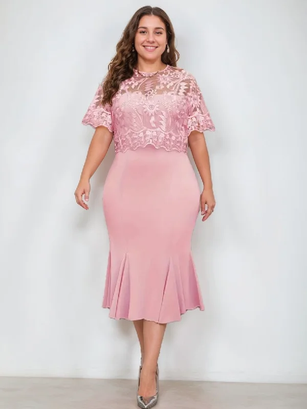 Trumpet/Mermaid Scoop Half Sleeves Tea-Length Plus Size Mother of the Bride Dresses with Appliques Tunics Versatile stylish Trumpet/Mermaid Scoop Half Sleeves Tea-Length Plus Size Mother of the Bride Dresses with Appliques Tunics Versatile stylish