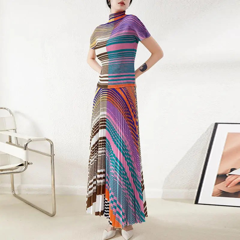 Elegant high-end pleated set women’s striped thin t-shirt top-- Print Jacquard Patchwork Elegant high-end pleated set women’s striped thin t-shirt top-- Print Jacquard Patchwork