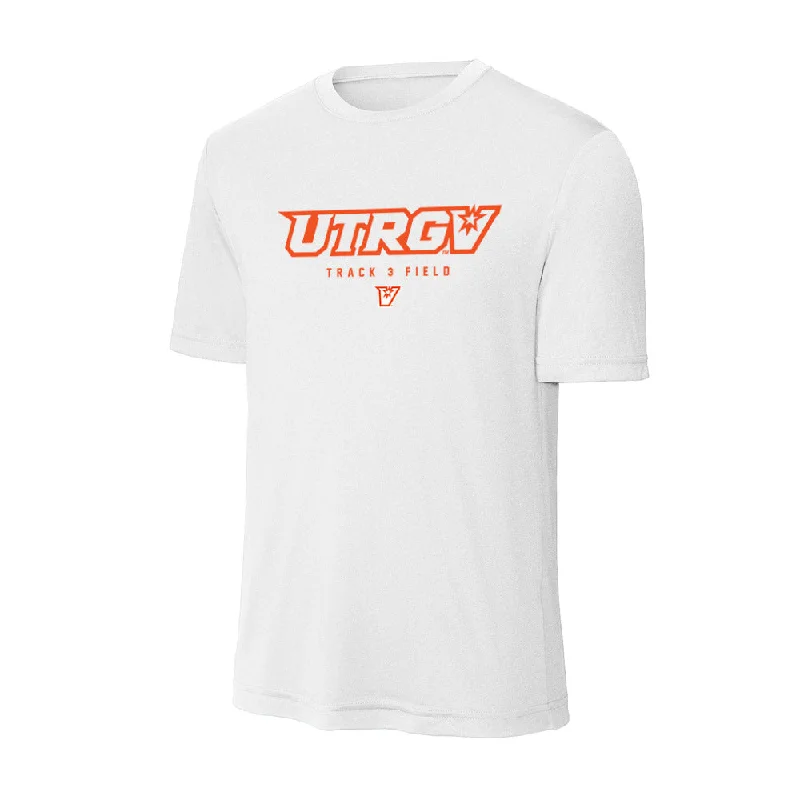 UTRGV - NCAA Women's Track & Field : Ana Hernandez - Activewear T-Shirt-- Mesh Blend Leather Blend Suede Blend UTRGV - NCAA Women's Track & Field : Ana Hernandez - Activewear T-Shirt-- Mesh Blend Leather Blend Suede Blend