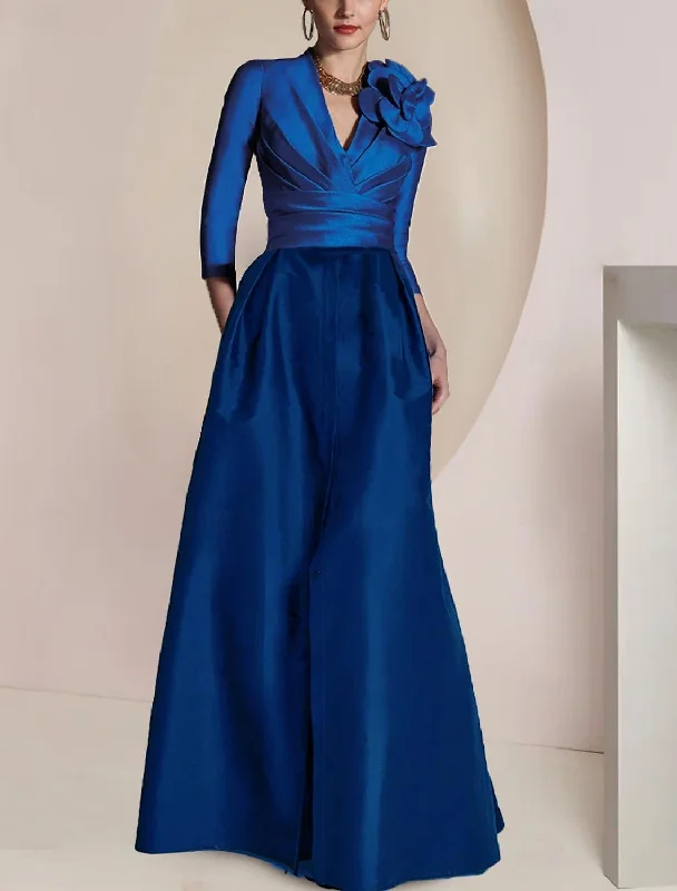 A Line/Princess V-Neck 3/4 Sleeves Floor-Length Mother of the Bride Dresses with Ruched, Draping, Split Front, Flower & Ruching Tunics Stylish elegant A Line/Princess V-Neck 3/4 Sleeves Floor-Length Mother of the Bride Dresses with Ruched, Draping, Split Front, Flower & Ruching Tunics Stylish elegant