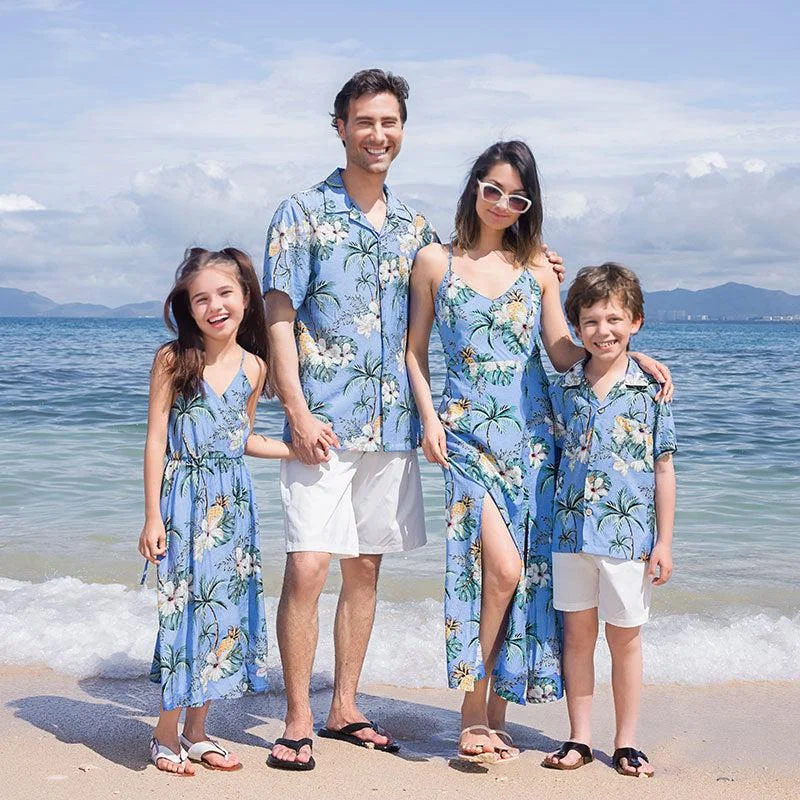Family Matching Beach Dress and Shirt Set - Light Blue Floral Hawaiian Print Tunics Luxurious premium Family Matching Beach Dress and Shirt Set - Light Blue Floral Hawaiian Print Tunics Luxurious premium
