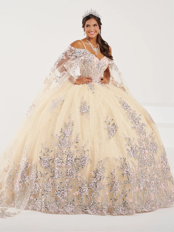 V-Neck Cape Sleeve Quinceanera Dress by Fiesta Gowns 56491 Tunics Prom sequined