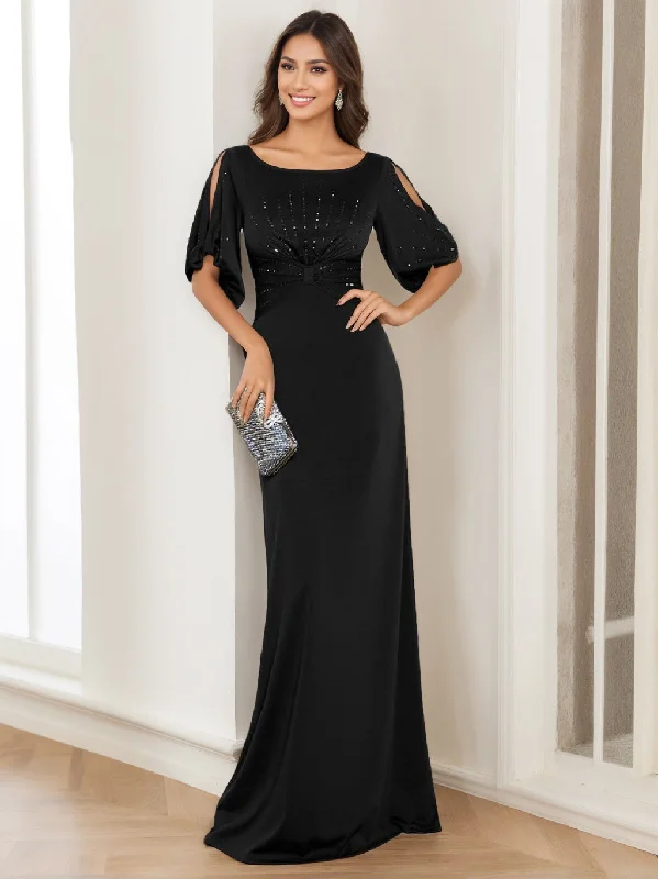 Sheath/Column Round Neck Half Sleeves Floor Length Black Elegant Mother of the Bride Dresses Tunics Corduroy durable Sheath/Column Round Neck Half Sleeves Floor Length Black Elegant Mother of the Bride Dresses Tunics Corduroy durable