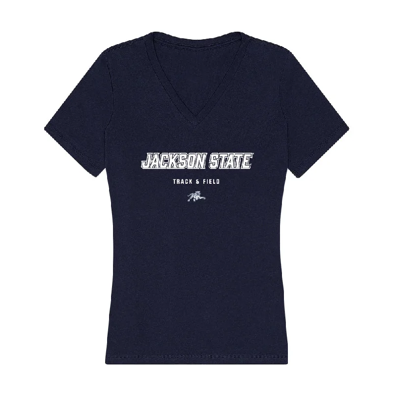 Jackson State - NCAA Women's Track & Field : Artajia Richardson - Women's V-Neck T-Shirt-- Striped Floral Plaid Jackson State - NCAA Women's Track & Field : Artajia Richardson - Women's V-Neck T-Shirt-- Striped Floral Plaid