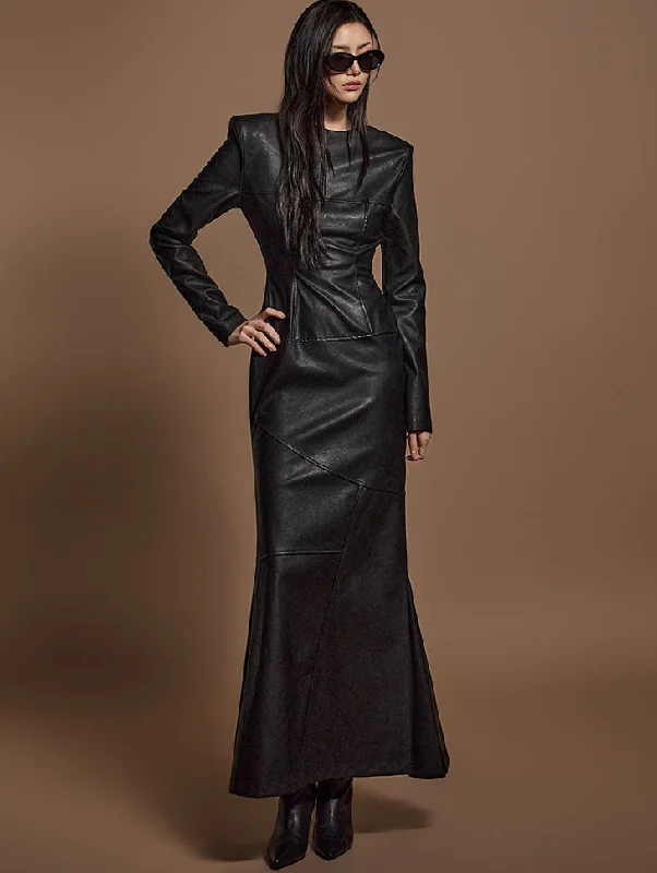 D9517 Mermaid Leather Dress Crew Neckline Casual
