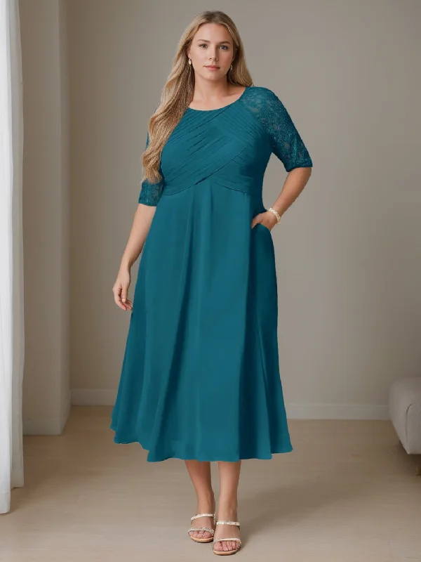 A-Line/Princess Round Neck Half Sleeves Tea-Length Plus Size Mother of the Bride Dresses with Ruffles Tunics Travel practical A-Line/Princess Round Neck Half Sleeves Tea-Length Plus Size Mother of the Bride Dresses with Ruffles Tunics Travel practical