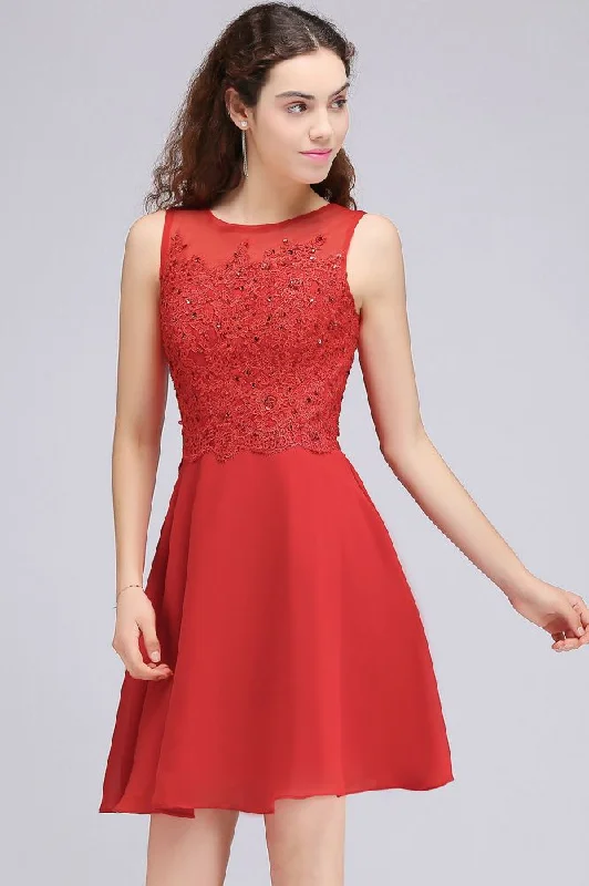 A-line Short Chiffon Red Homecoming Dresses with Lace Appliques Tunics Seasonal trendy