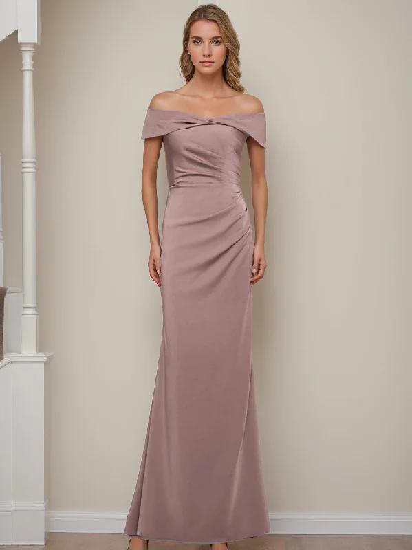 Sheath/Column Off-the-Shoulder Short Sleeves Floor-Length Mother of The Bride Dresses With Ruffles Tunics Practical easy-care Sheath/Column Off-the-Shoulder Short Sleeves Floor-Length Mother of The Bride Dresses With Ruffles Tunics Practical easy-care