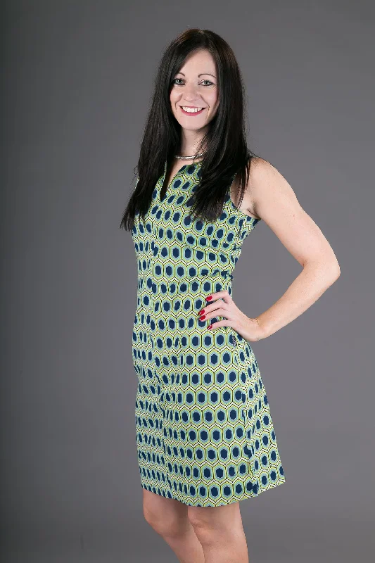 Classic Sheath Cotton Dress Blue Yellow Geometric Print Tunics Bestseller popular
