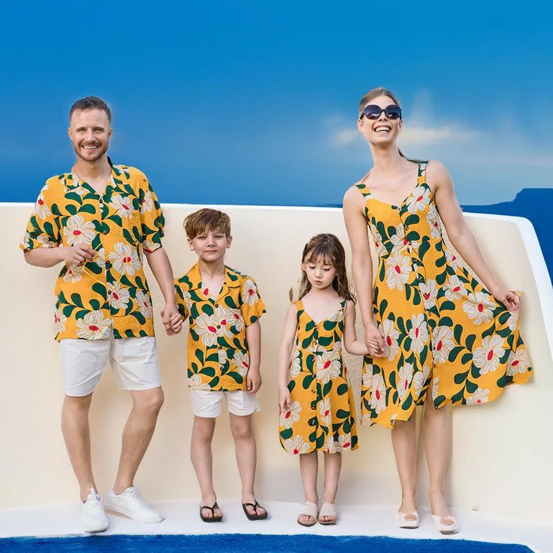 Family Matching Shirt and Dress Set: Yellow Floral for a Springtime Look Tunics Leisure comfortable Family Matching Shirt and Dress Set: Yellow Floral for a Springtime Look Tunics Leisure comfortable
