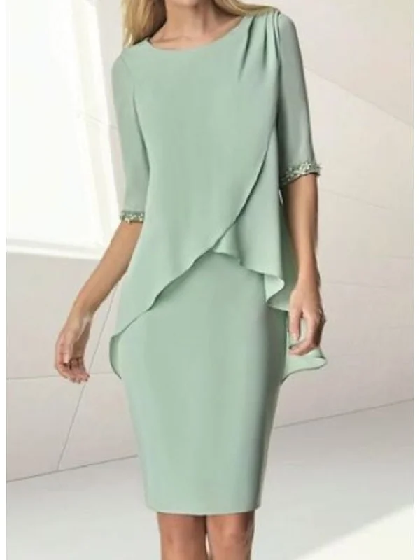 Sheath/Column Jewel Neck Knee-Length Half Sleeve Mother of the Bride Dresses with Beading Ruching Tunics Trendy modern