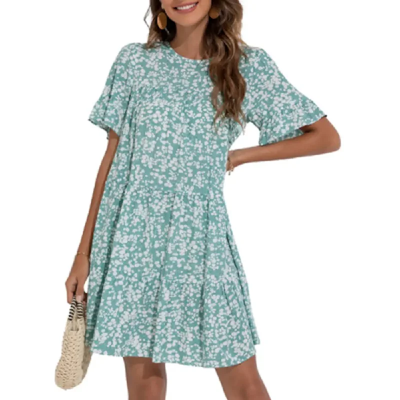 Womens A Line Floral Dress with Ruffle Sleeves Off-the-shoulder Chic Trendy