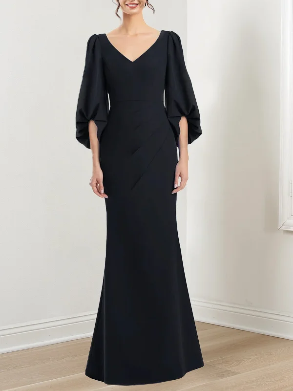 Trumpet/Mermaid V-Neck 3/4 Sleeves Mother Of The Bride Dresses with Ruffles Tunics Sophisticated sleek Trumpet/Mermaid V-Neck 3/4 Sleeves Mother Of The Bride Dresses with Ruffles Tunics Sophisticated sleek