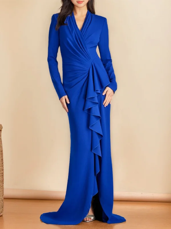 Mermaid/Trumpet V-Neck Long Sleeves Floor-Length Mother of the Bride Dresses with Split Side Tunics Fashionable chic Mermaid/Trumpet V-Neck Long Sleeves Floor-Length Mother of the Bride Dresses with Split Side Tunics Fashionable chic