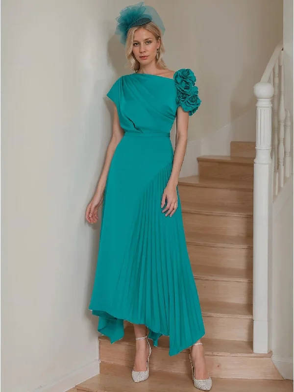 A-Line/Princess One-Shoulder Short Sleeves Ankle-Length Mother of the Bride Dresses With Ruffles Square Neckline Feminine A-Line/Princess One-Shoulder Short Sleeves Ankle-Length Mother of the Bride Dresses With Ruffles Square Neckline Feminine